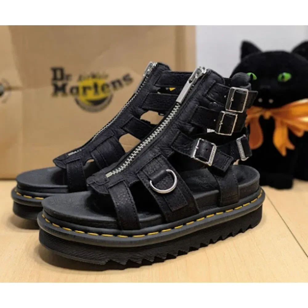 Dr. Martens Olson Grey Tumbled Nubuck Leather Gladiator Zip Sandals UK 5 NIB